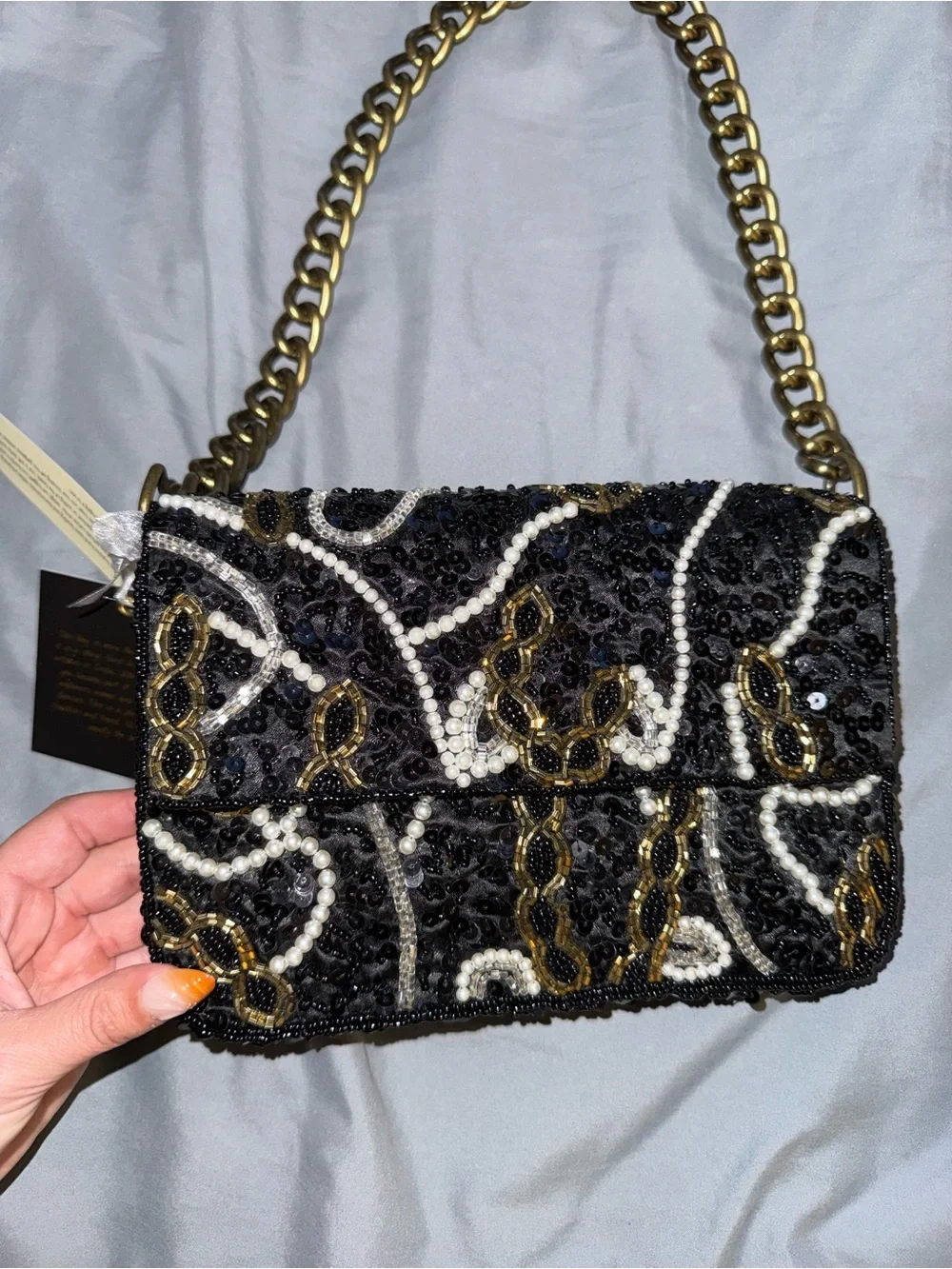 Black Sequin & Pearl-Embellished Shoulder Bag with Gold Chain